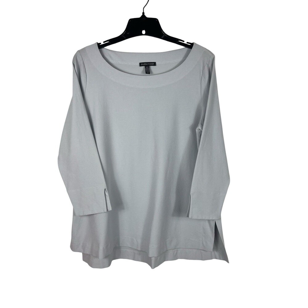 Eileen Fisher Light Gray Boat Neck Peplum Top Womens M 3/4 Sleeve Minimalist